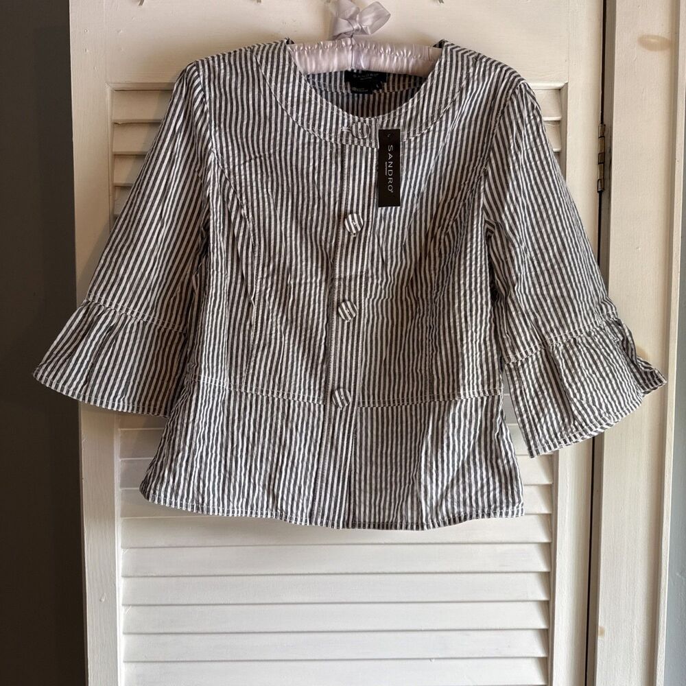 NWT Sandro Striped Seersucker Peplum 3/4 Sleeve Blazer Jacket 100% Cotton L